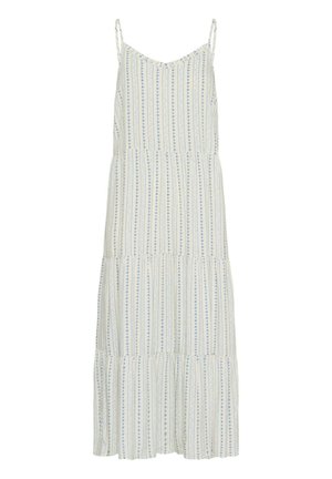 Witte mouwloze maxi-jurk met blauwe verticale bloemenstrepen en gelaagde roksecties, voorzien van dunne schouderbandjes.