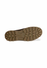 Semelle de chaussure de randonnée marron avec un cramponnage profond et multidirectionnel pour une meilleure traction. Présente un logo de marque et des marquages de taille. Matériau en caoutchouc durable.