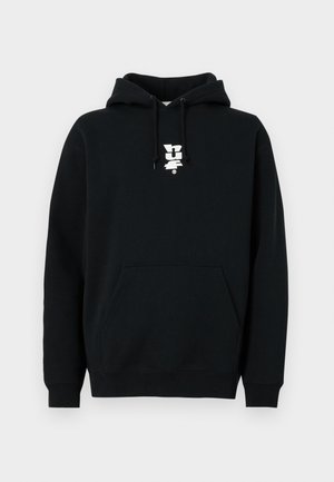 Black hoodie made of cotton blend. Features a front pocket, drawstring hood, and a white logo printed on the chest area. Long sleeves.