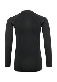 Schwarz langärmliges Sportshirt aus glattem, dehnbarem Stoff. Mit einem Netzrückenpaneel und Raglanärmeln. Keine Grafiken oder Verzierungen.