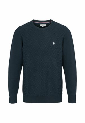 Temno mornarsko modra pletena majica z diamantom vzorcem na sprednji strani, okrolim izrezom, dolgimi rokavi in majhnim belim izvezenim logotipom na prsih.