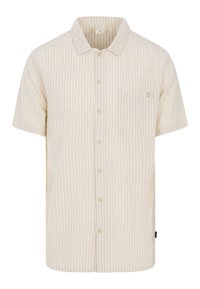 Korte mouwen shirt in creme met subtiele verticale strepen, kraag, voorkeurszak en knoopsluiting. Zachte textuur, casual ontwerp.