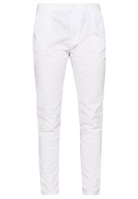 Pantalon blanc coupe slim avec bouton et fermeture éclair à l'avant, poches latérales et détail de tissu légèrement froissé.