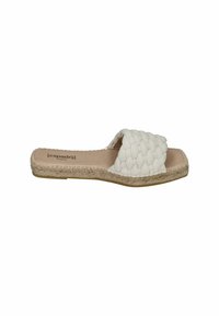 White woven slide sandal with a braided strap and a flat, natural textured sole. Lightweight design suitable for casual wear.