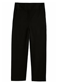 Zwarte op maat gemaakte broek van een gladde stof, met rechttoe rechtaan pijpen, voorzakken en een brede tailleband. Strakke lijnen zonder versieringen.