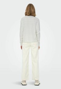 Lichtgrijze gebreide trui met lange mouwen, gecombineerd met off-white wijde broek en beige sneakers, gezien vanaf de achterkant tegen een effen achtergrond.