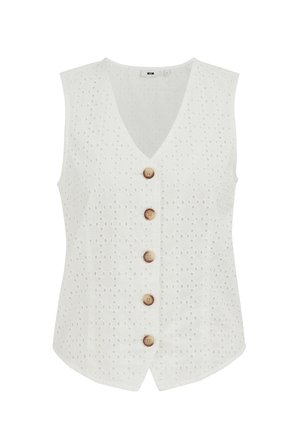 Fehér, ujjatlan, kivágott mellény V-nyakkivágással és öt barna, kerek gombbal az elején.