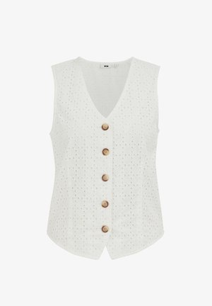 Fehér, ujjatlan, kivágott mellény V-nyakkivágással és öt barna, kerek gombbal az elején.