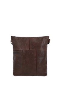 Borsa a spalla in pelle marrone con superficie texturizzata, caratterizzata da un design minimalista e dettagli di pannelli cuciti. Inclusa una tracolla regolabile.