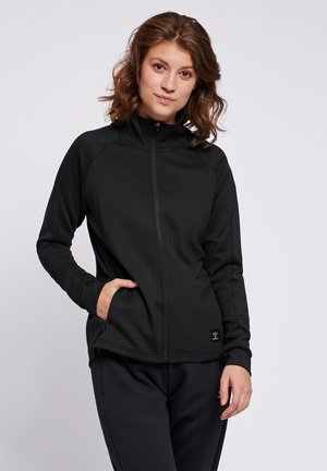 Black zip-up jacket made of soft fabric, featuring long sleeves, a high collar, and side pockets. Simple design with no prominent patterns.