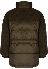 Doudoune avec un haut en polaire texturé brun et une partie inférieure lisse de couleur brun foncé. Elle possède un col haut et une taille élastiquée.
