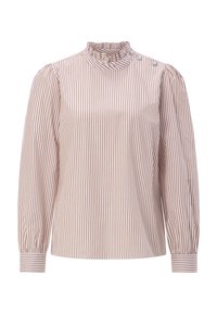 Bluzka w paski z wysokim, falbankowym kołnierzem, w kremowych i jasnobrązowych tonach. Ma długie rękawy i guzik jako ozdobę na ramieniu.