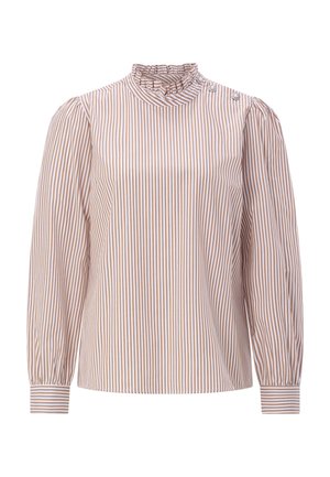 Gestreepte blouse met een hoge gerimpelde kraag, in crème- en lichtbruine tinten. Voorzien van lange mouwen en een knoopdetail op de schouder.
