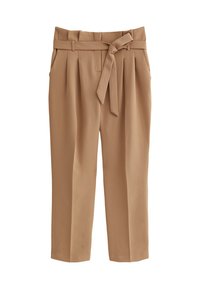 Pantalons larges beiges avec une ceinture à nouer, présentant des plis marqués, des poches latérales et une texture lisse. Idéals pour un usage décontracté ou formel.
