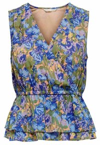 Ärmelloses Wickeloberteil mit Blumenmuster in Blau, Grün und Pink. Mit gerüschtem Peplum-Saum und elastischem Taillenbund. Leichter Stoff mit strukturiertem Druck.