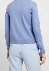 Světle modrý svetr z pohledu zezadu, s dlouhými rukávy, žebrovanými manžetami a lemem a hladkou strukturou. Nošený se světle modrými kalhotami.