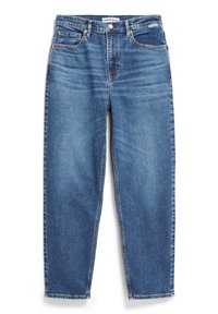 Modré džíny z denimu s rovným střihem, pěti kapsami, zapínáním na knoflíky a jemným vyblednutím. Název viditelný na pasu.