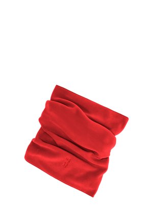 Roter Fleece-Nackenschal mit weichem, warmem Stoff und dezentem, geprägt auf weißem Hintergrund.