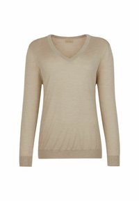 Beige V-Ausschnitt Pullover mit langen Ärmeln, aus weichem Material. Mit gerippten Bündchen und Saum, minimalistischem Design und leichtem Stoff.