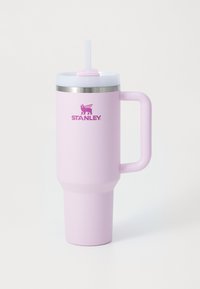 Pink stainless steel tumbler with a silver rim, handle, and a straw. Features a matte finish and a logo in purple on the body.
