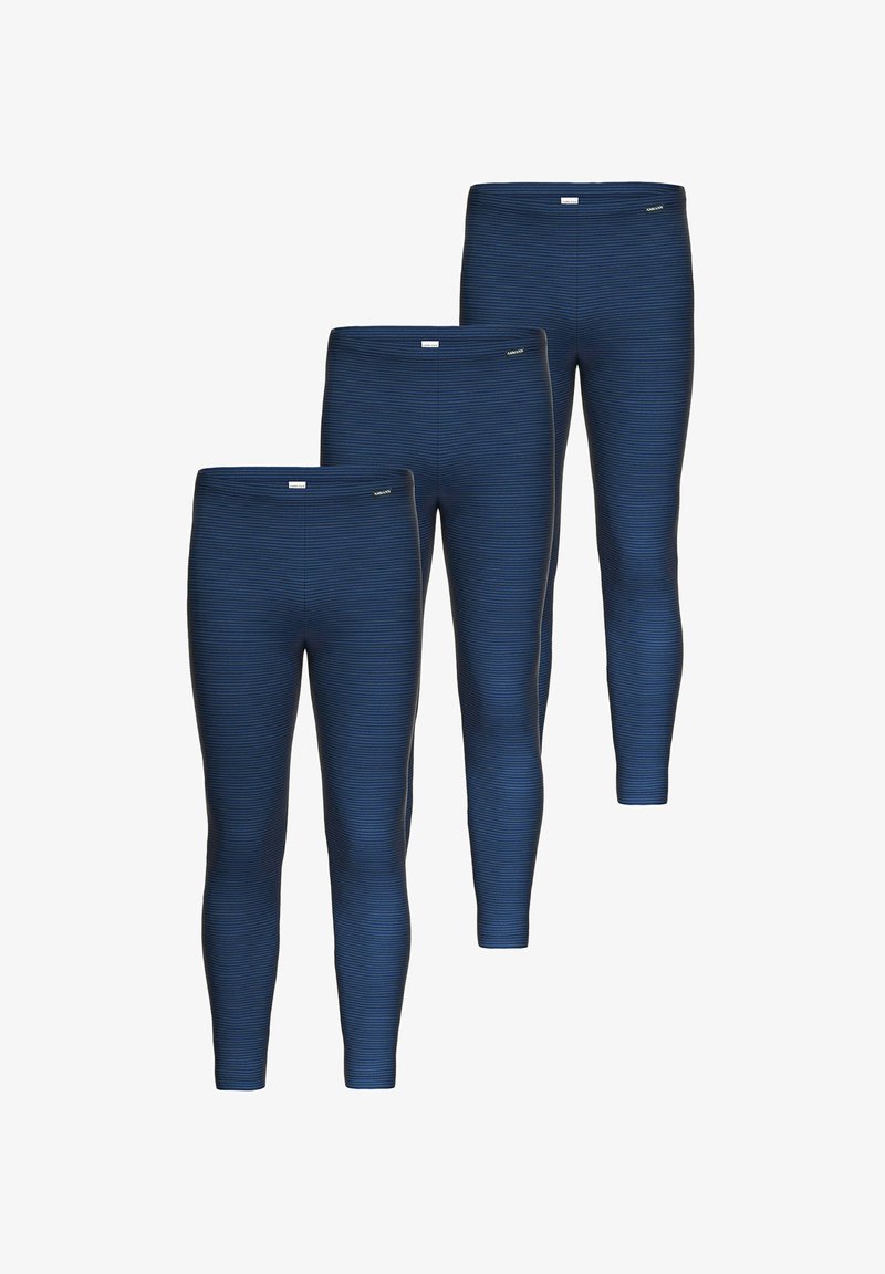 Blaue Sportleggings mit strukturiertem Streifenmuster, ausgestattet mit einem figurbetonten Schnitt und einem flachen Bund. Drei Paare ausgestellt.