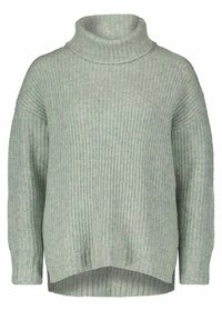 Suéter de punto verde claro con un cuello alto acanalado, hombros caídos y un dobladillo ligeramente curvado. Presenta una apariencia texturizada y acogedora.