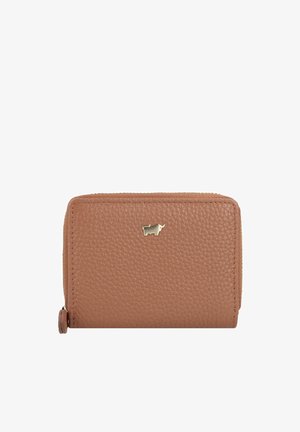 Portafoglio in pelle marrone con texture e emblema di toro in tono oro. Dotato di chiusura con zip e angoli arrotondati. Superficie liscia e resistente.