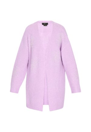 Hellblauer Cardigan aus weichem Stoff, mit tiefem V-Ausschnitt, offener Vorderseite und Blumenverzierungen mit subtiler Schimmer auf den Ärmeln.