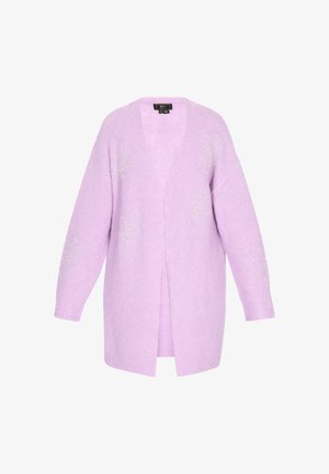 Cardigan de color púrpura claro, fabricado en un material suave, con un profundo escote en V, frente abierto y adornos florales con un sutil brillo en las mangas.