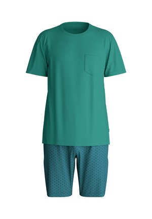 Türkisfarbenes Kurzarm-T-Shirt mit Brusttasche, kombiniert mit gemusterten türkisfarbenen Shorts mit einem dezenten geometrischen Design.