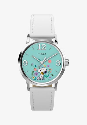 White leather-strapped Timex watch with silver case, turquoise dial, silver numerals, floral accents, and Snoopy holding Woodstock at center.