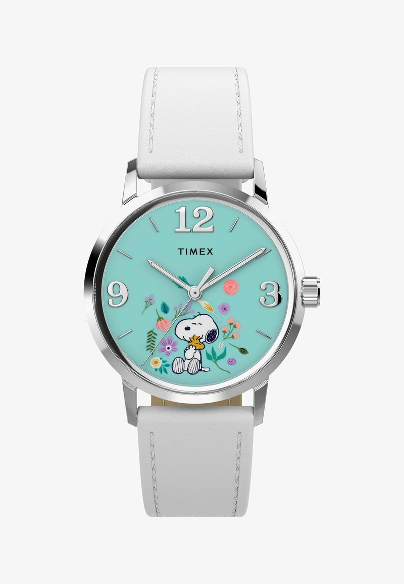 Montre Timex à bracelet en cuir blanc avec boîtier argenté, cadran turquoise, chiffres argentés, accents floraux, et Snoopy tenant Woodstock au centre.