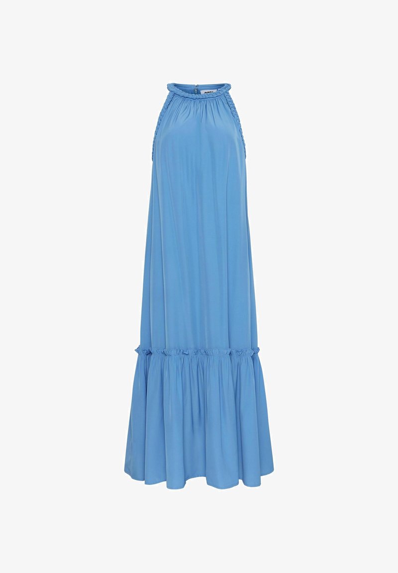 Világoskék maxiruha, puha anyagból készült, pánt nélküli nyakkivágással, fonott díszítésekkel és fodros szegéllyel az alján.
