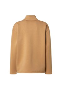 Pullover in marrone chiaro con una texture morbida, maniche lunghe, scollatura a colletto e orlo diritto. Senza decorazioni né fantasie.