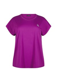 Lilla kortærmet crew neck atletisk t-shirt med et lille hvidt logo på den øverste venstre bryst.