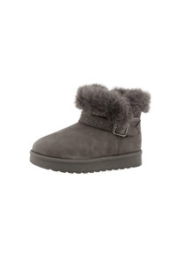 Grau Wildleder-Ankle Boots mit Kunstfellbesatz, verstellbarem Schnallen-Detail und Nietenakzenten am Riemen. Flache Gummisohle für Komfort.