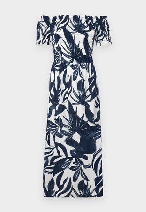 Vestido sin hombros con un estampado botánico en navy y blanco, corpiño elástico y falda en línea A fluida. Tejido suave y ligero.
