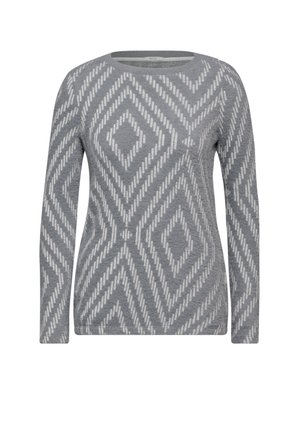 Šedý svetr s dlouhými rukávy a bílým geometrickým diamantovým vzorem, s kulatým výstřihem a jemnou texturou.