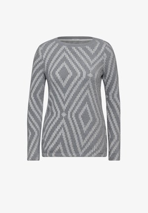 Harmaa pitkähihaisen neuleen valkoinen geometrinen timanttikuvio, jossa on pyöreä kaula-aukko ja pehmeä tekstuuri.