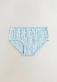 Gaiši zilas sieviešu apakšbikses ar ribveida struktūru, baltu ziedu izšuvumiem un mīkstu elastīgu jostu.