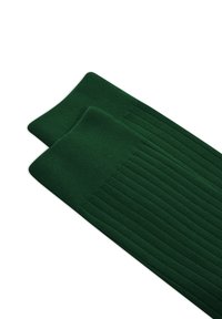 Calze verdi a costine con una texture liscia e morbida. Presentano un bordo spesso e arrotondato e motivi a maglia verticale su tutta la superficie.