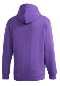 Lila huvtröja i mjukt tyg, med en stor huva och långa ärmar, ribbade manschetter och nederkant, visad bakifrån.