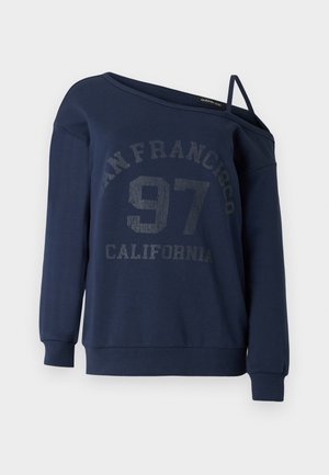 Sweat-shirt bleu marine avec encolure large, manches longues et poignets côtelés. Présente un imprimé graphique délavé avec l'inscription « SAN FRANCISCO 97 CALIFORNIA ».