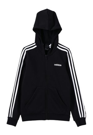 Felpa nera con zip e cappuccio, con accenti a tre strisce bianche su maniche e parte anteriore. Include due tasche anteriori e un logo Adidas.