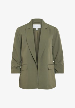 Olivgrüner Blazer mit strukturiertem Design, Reverskragen und 3/4-Ärmeln. Verfügt über zwei vordere Taschen und eine glatte Textur.