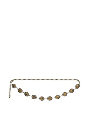 Silbergürtel mit neun ovalen braunen Tigerauge-Steinen, gleichmäßig entlang der Länge verteilt, mit Verschluss und verstellbarem Verlängerungsstück.