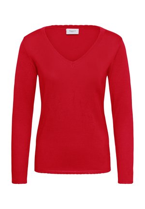 Pikkade varrukatega punane V-kaelusega kampsun, mis on tehtud kootud kangast. Omaduseks on laineline kaelus ja ääred, mis annavad vormiva, kuid mugava disaini.