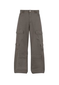 Cargo-Hosen aus dunkelgrauem Baumwollstoff mit weitem Bein, mehreren seitlichen Taschen und Nahtdetails. Mit einer Frontknopfverschlüsse.