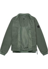 Zelena bomber jakna s zatvaračem, elastičnim manžetama i pojasom. Glatka, mat tkanina s mekim unutarnjim podstavljanjem. Ima logotip.