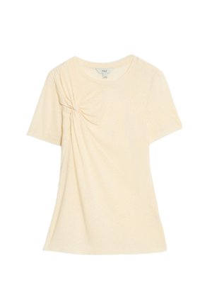 T-shirt giallo chiaro a maniche corte con un dettaglio annodato sul lato sinistro. Realizzato in tessuto morbido con una vestibilità rilassata e scollatura a girocollo.